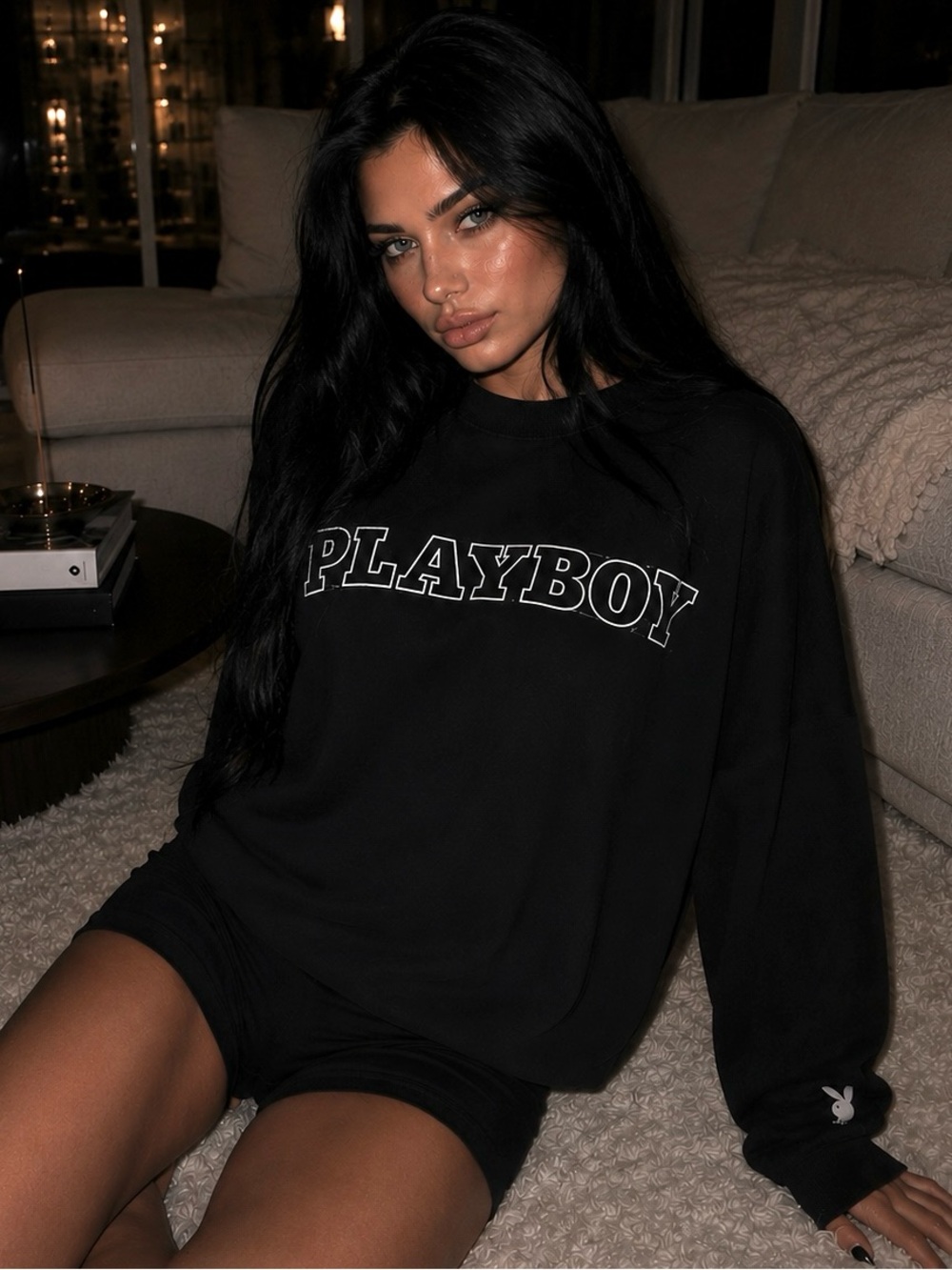 PLAYBOY Black & White Logo Crewneck Stylish Comfortable Sweatshirt- Women’s